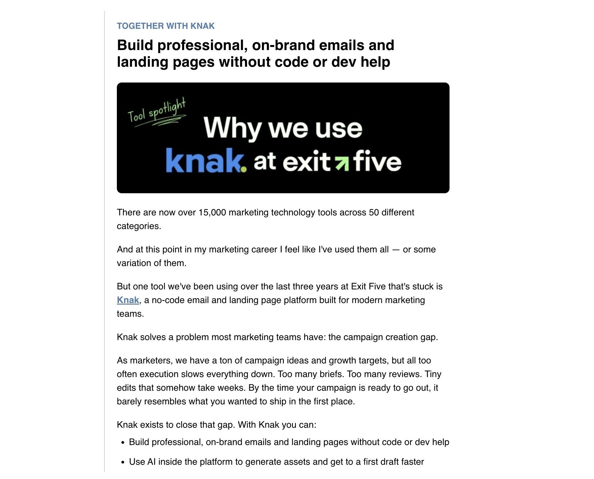Affiliate marketing on an email by Exit Five featuring a tool, Knak, in one of their newsletters.