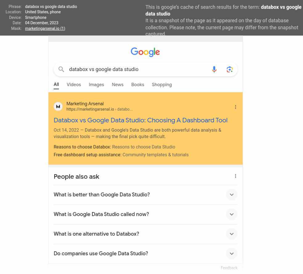 A preview of the SERP for "databox vs google data studio"