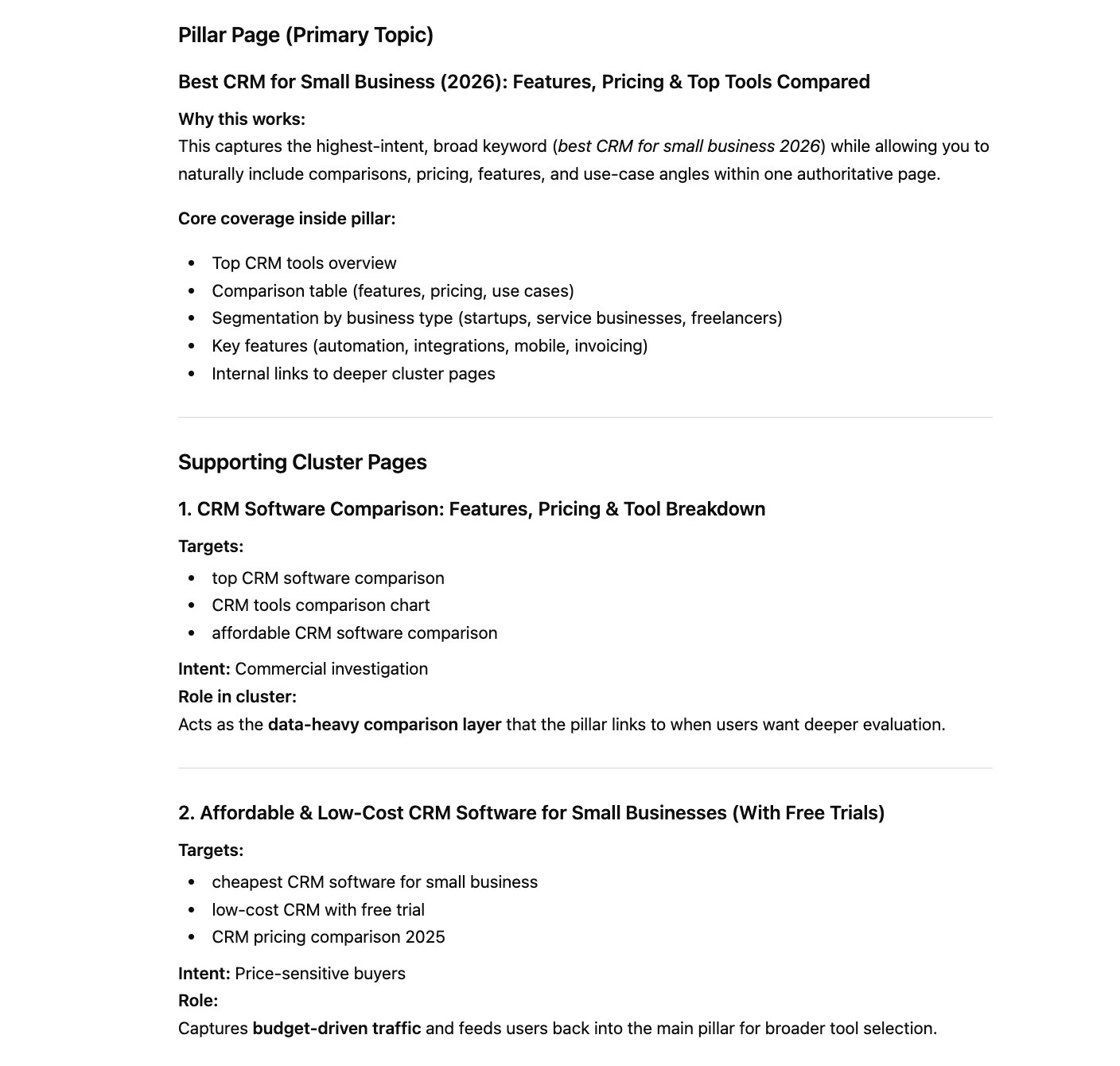 Pillar page and supporting cluster page ideas generated on ChatGPT.