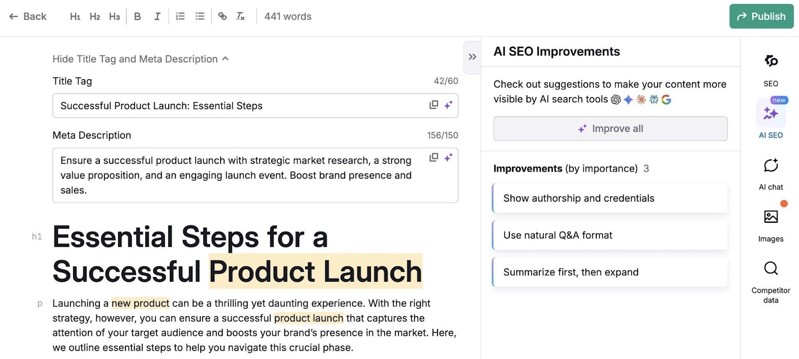 Content Toolkit dashboard showing content generated on the left and AI SEO improvement suggestions on the right.