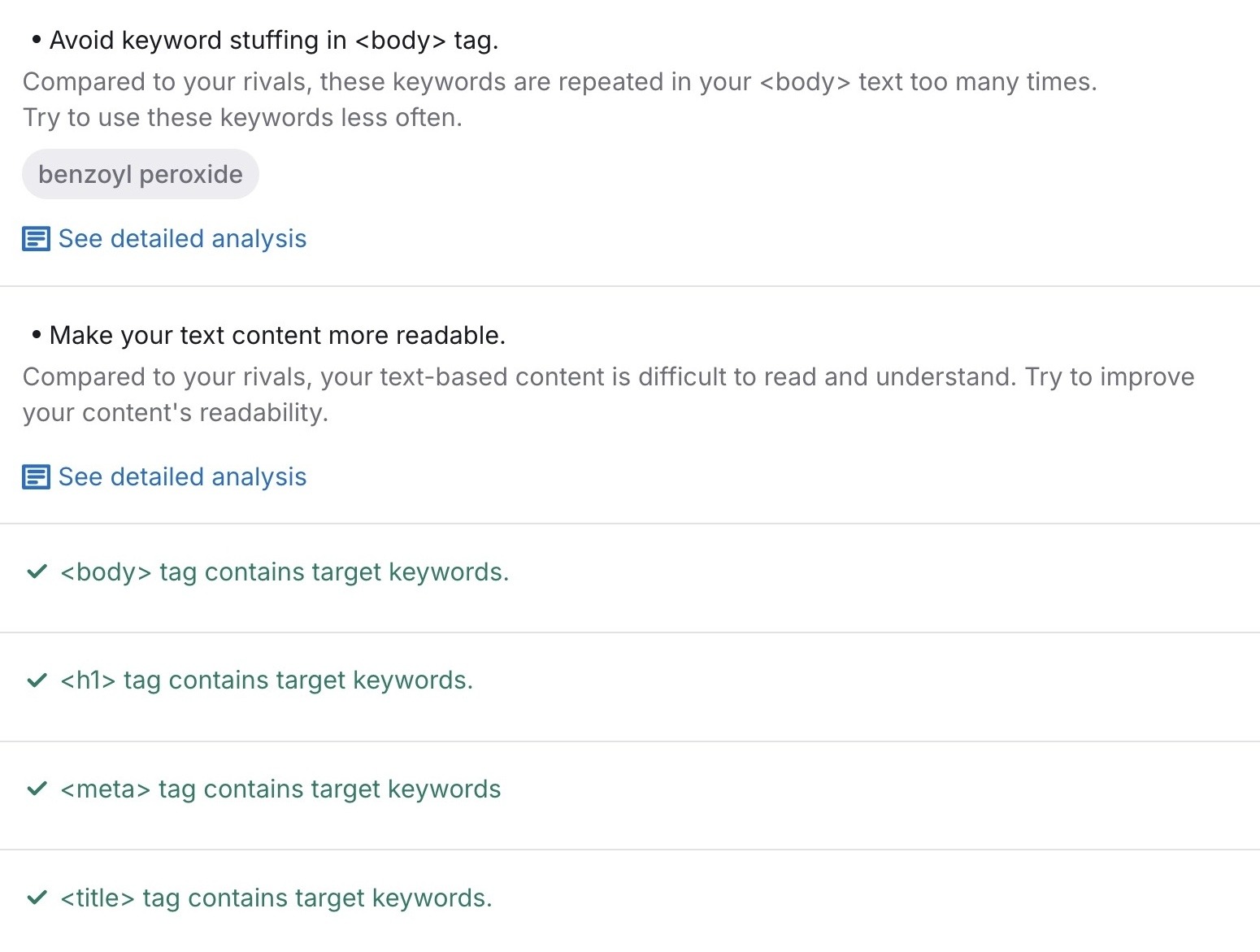 Content optimization ideas like to avoid keyword stuffing and to make text content more readable on the On Page SEO Checker.