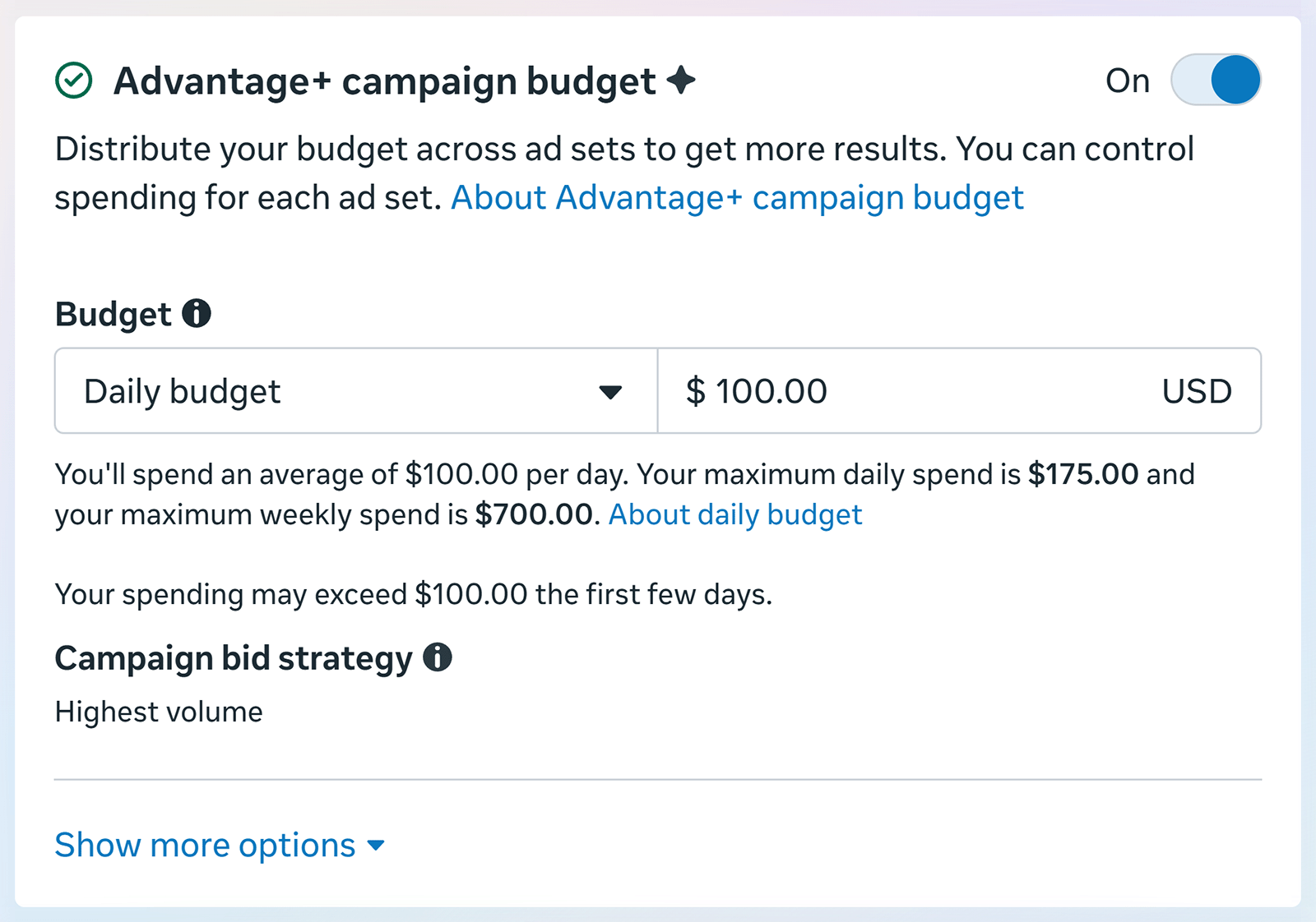 Meta Ads Manager showing Advantage+ campaign budget settings and daily ad spend