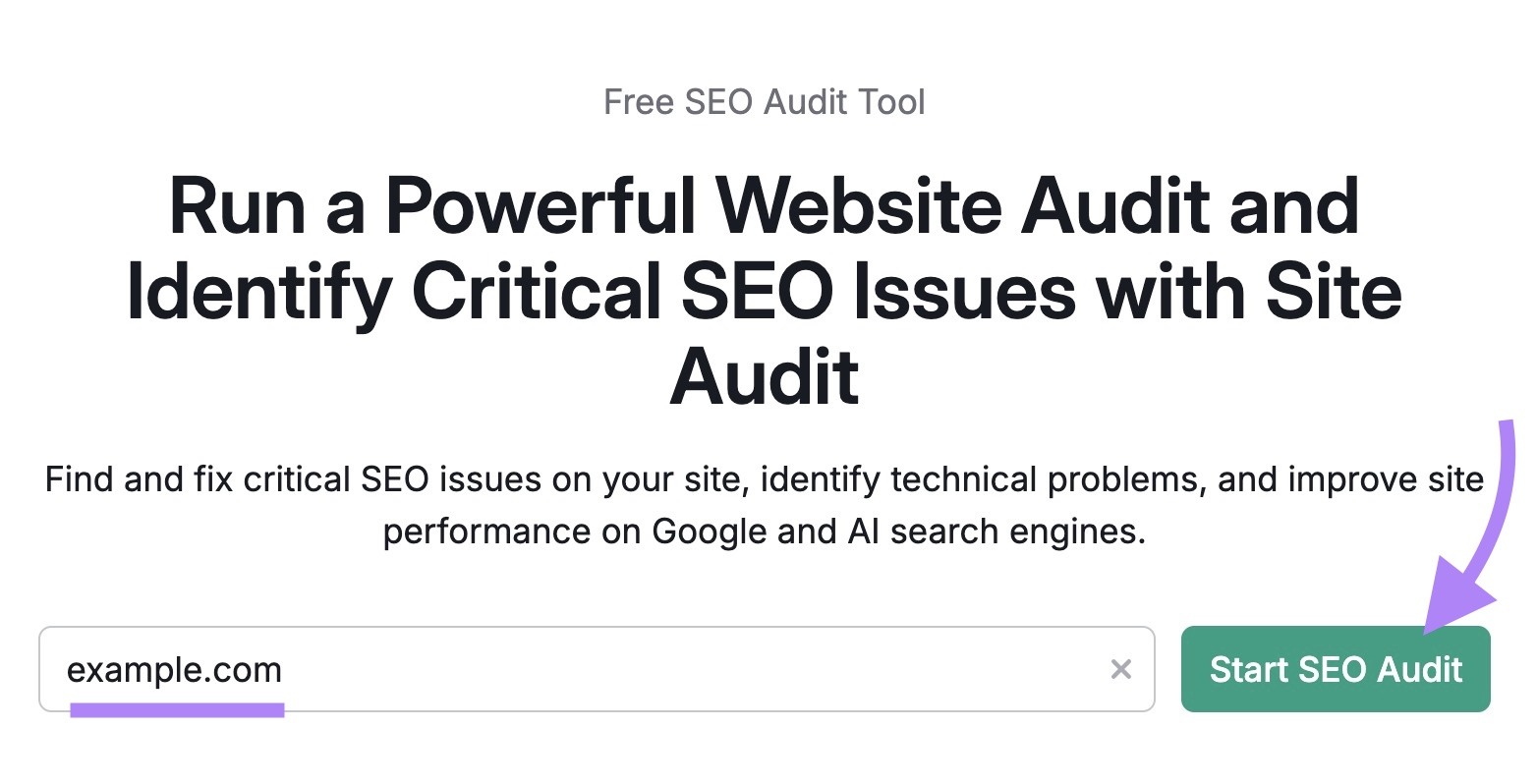 Site Audit tool start with a domain entered and "Start SEO Audit" clicked.