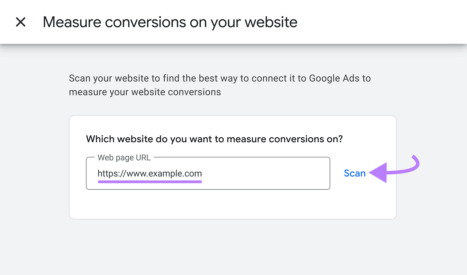 Google Ads website conversion setup page showing website URL field and Scan button to detect tracking options