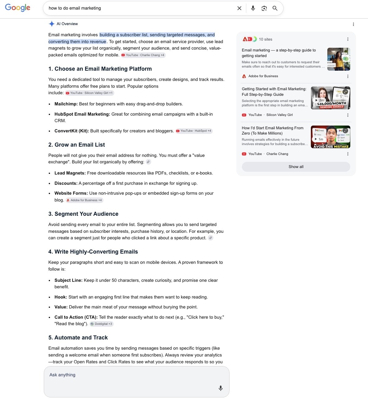 Google SERP for the term "how to do email marketing" with a detailed AI Overview response as the top result.