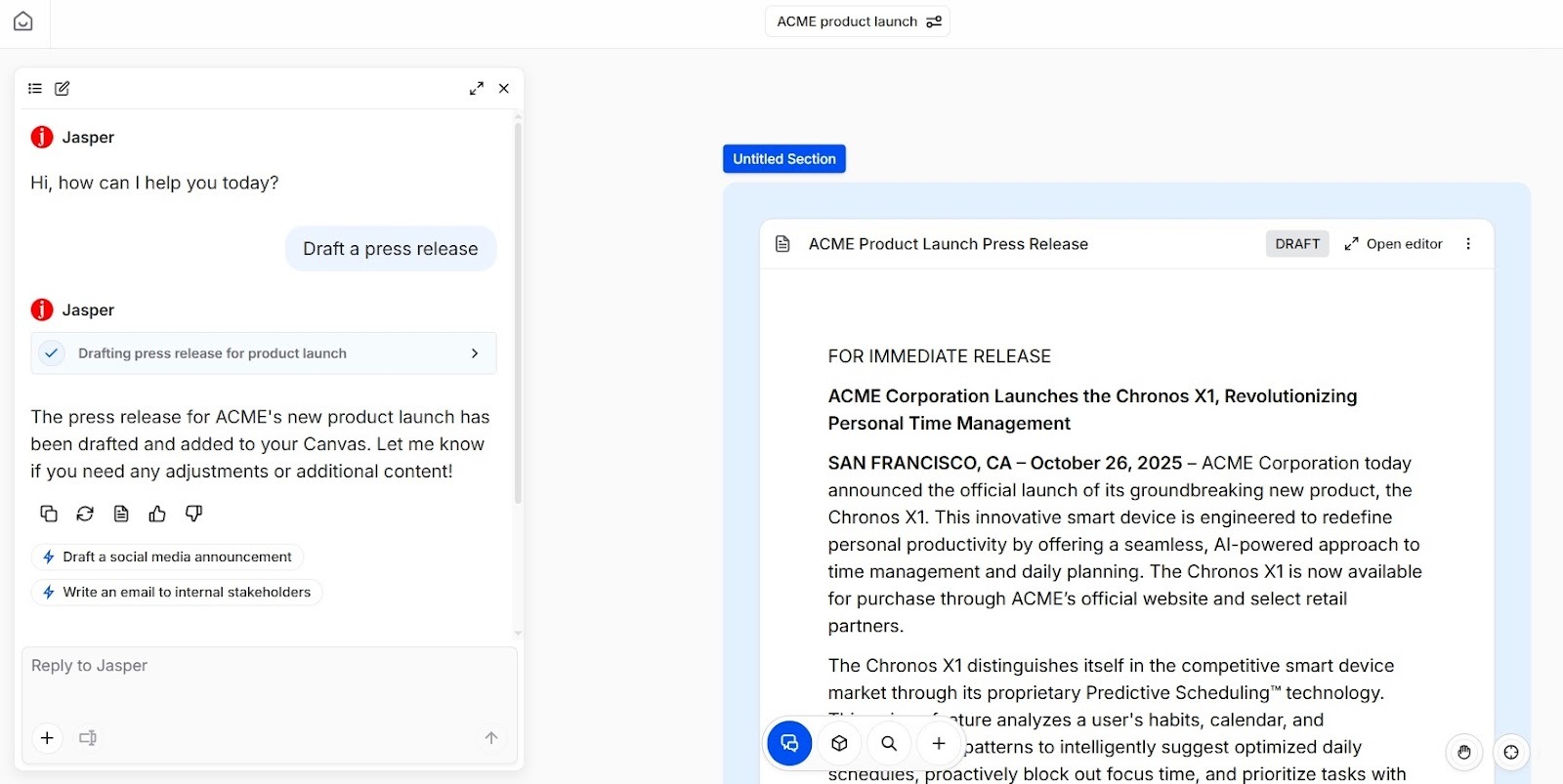Jasper dashboard with an AI chat open on the left and the draft of a press release on the right.