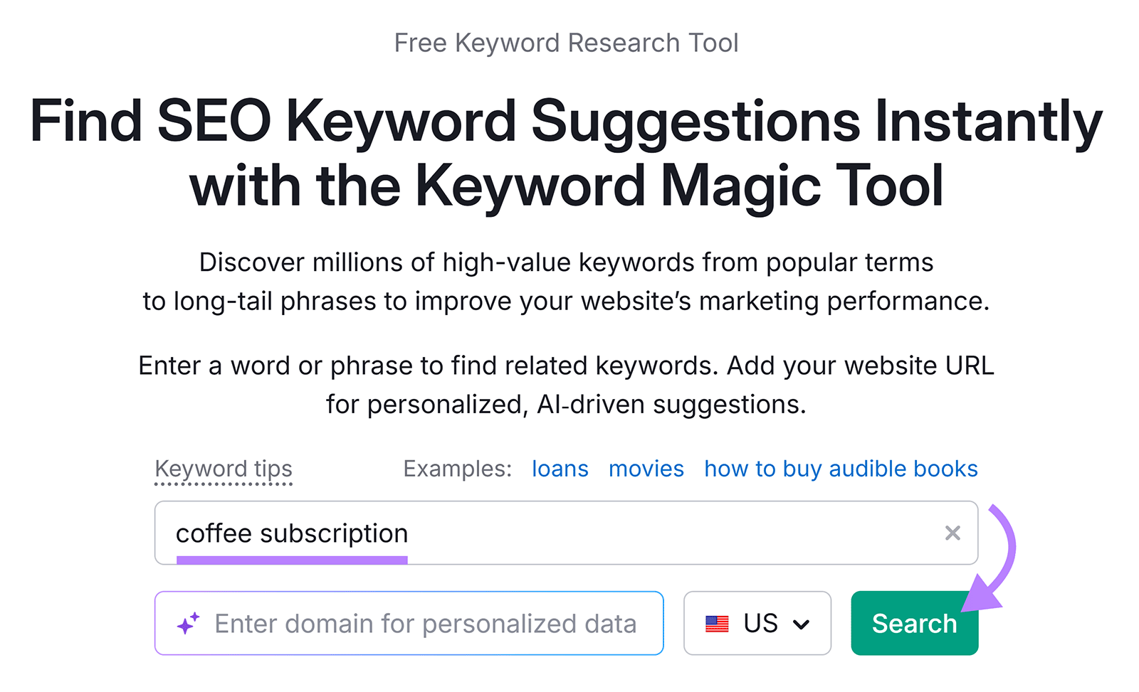 Semrush Keyword Magic Tool search screen with “coffee subscription” keyword entered