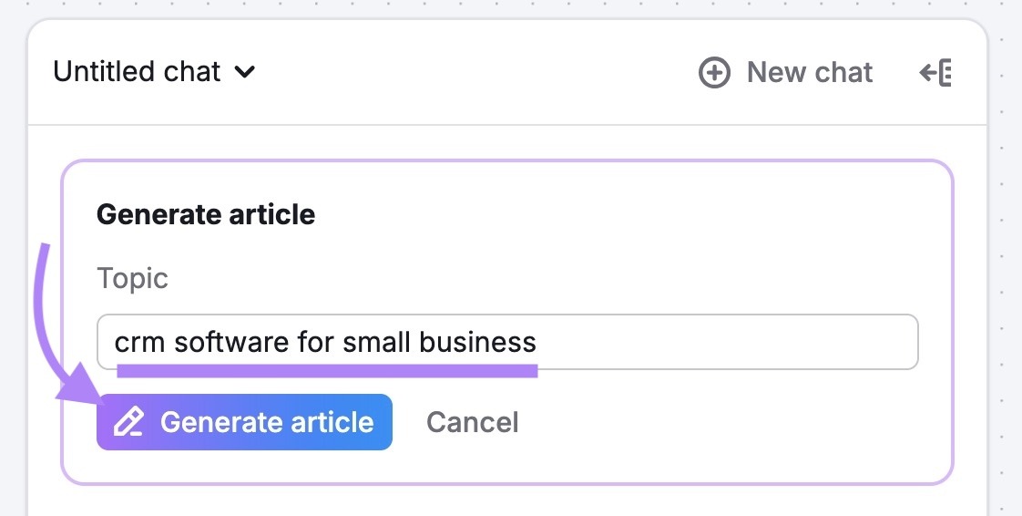 "crm software for small business" entered as the topic and "Generate article" clicked on the AI Article Generator.