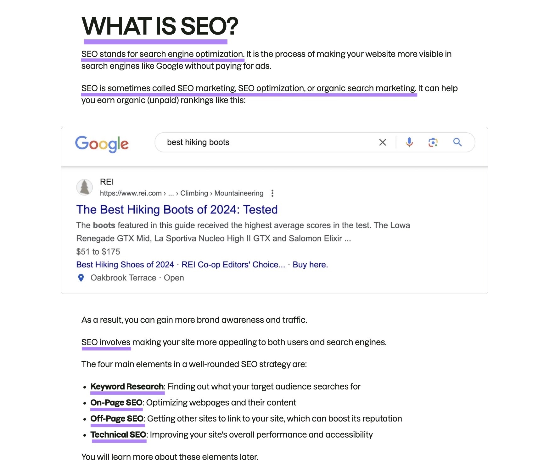 A blog post by Semrush with the target keyword and related terms used within the first 100 words.