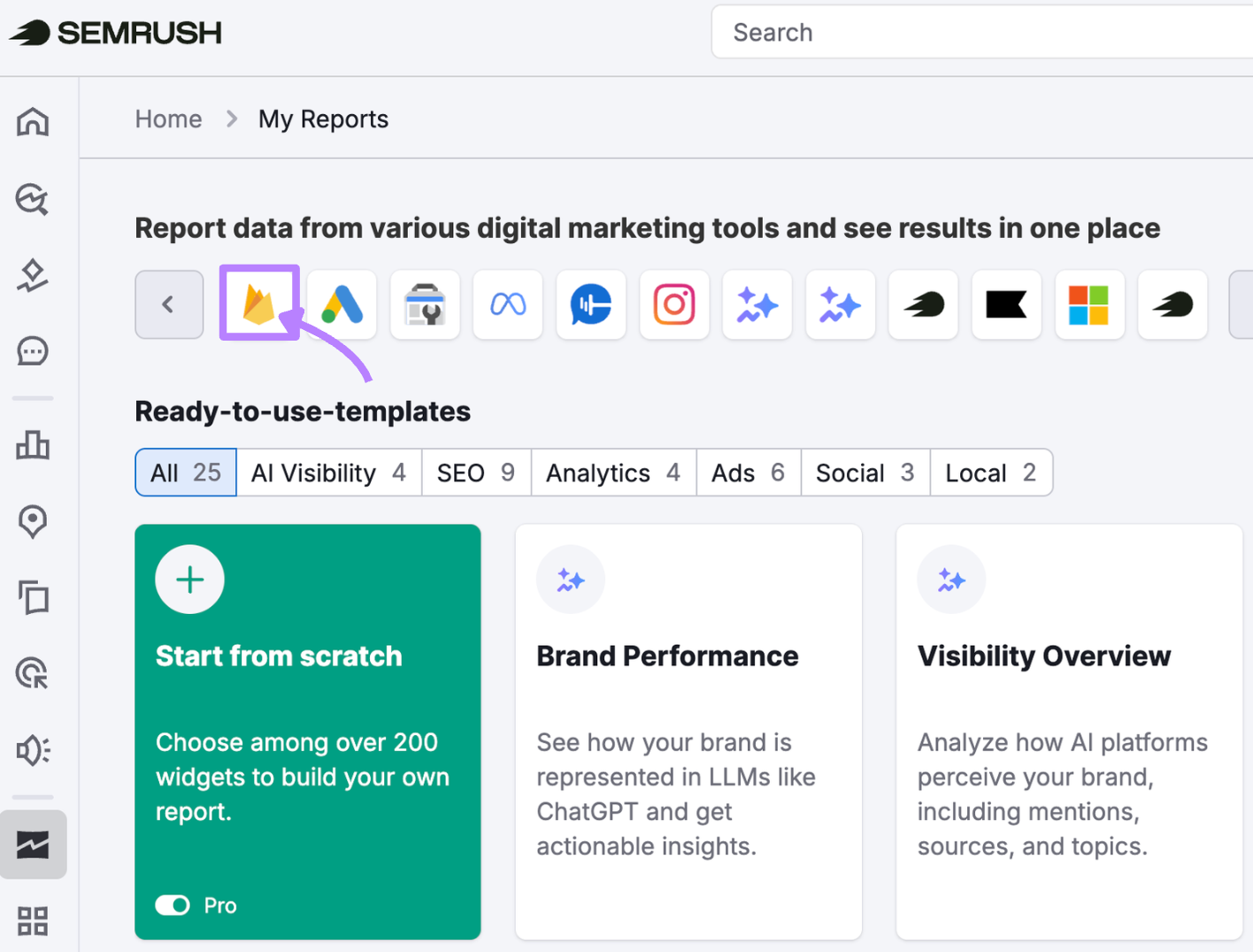 starting a GA4 report in Semrush my reports