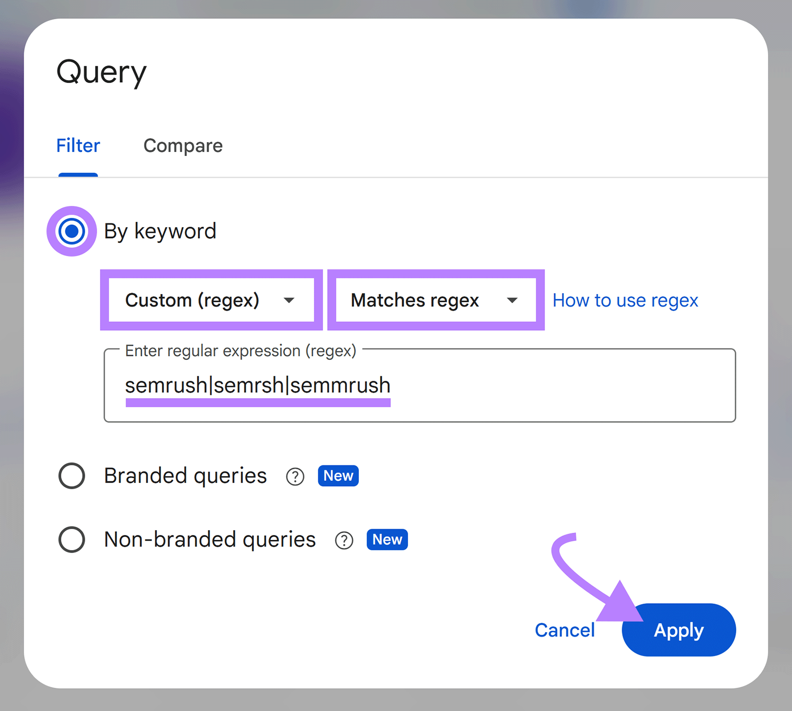 Google Search Console custom regex query filter setup for tracking branded keyword variations in search performance