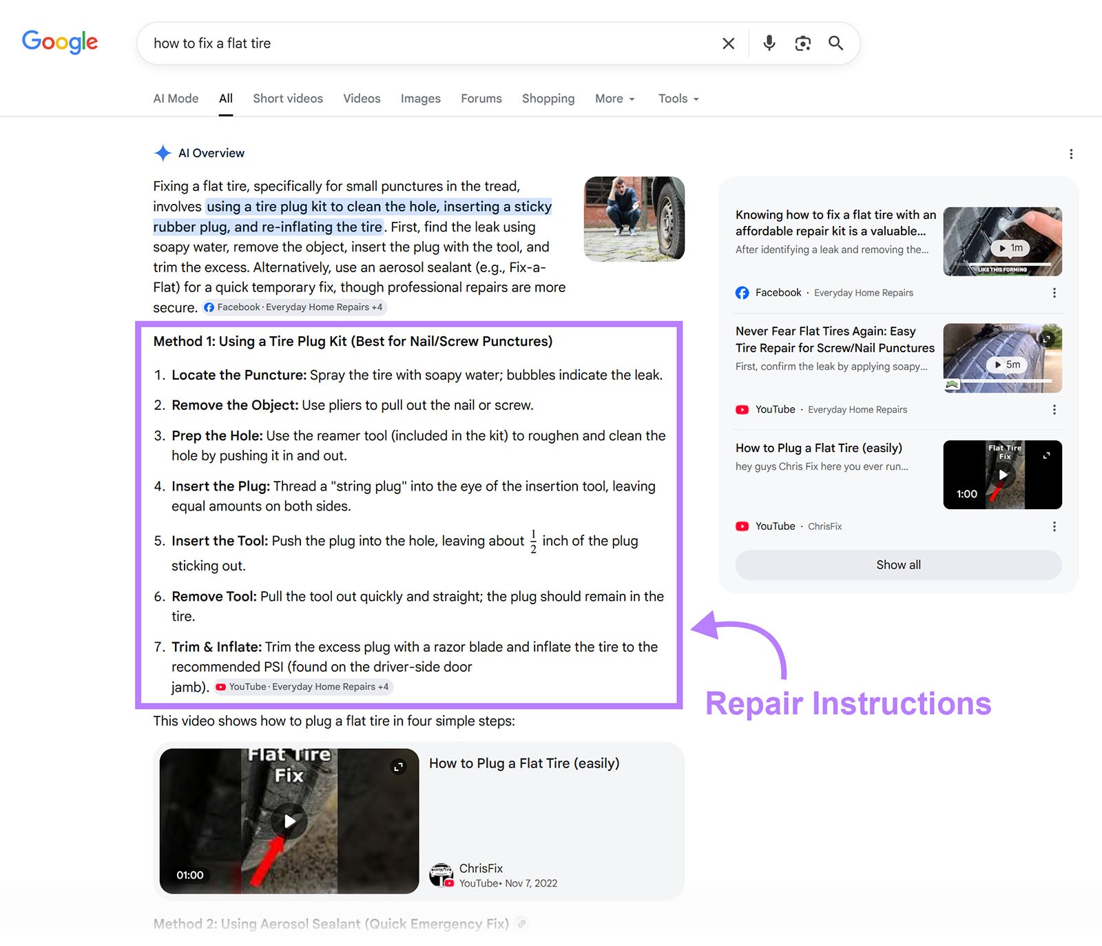 Google AI Overview showing step-by-step tire repair instructions and related video results