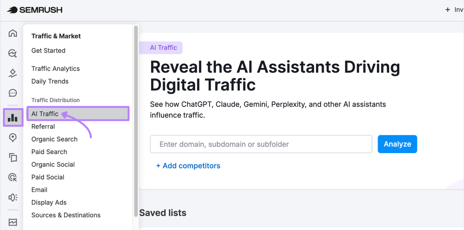 AI traffic report in Semrush