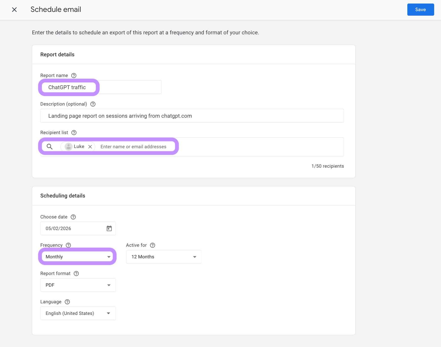setting up a recurring report in GA4