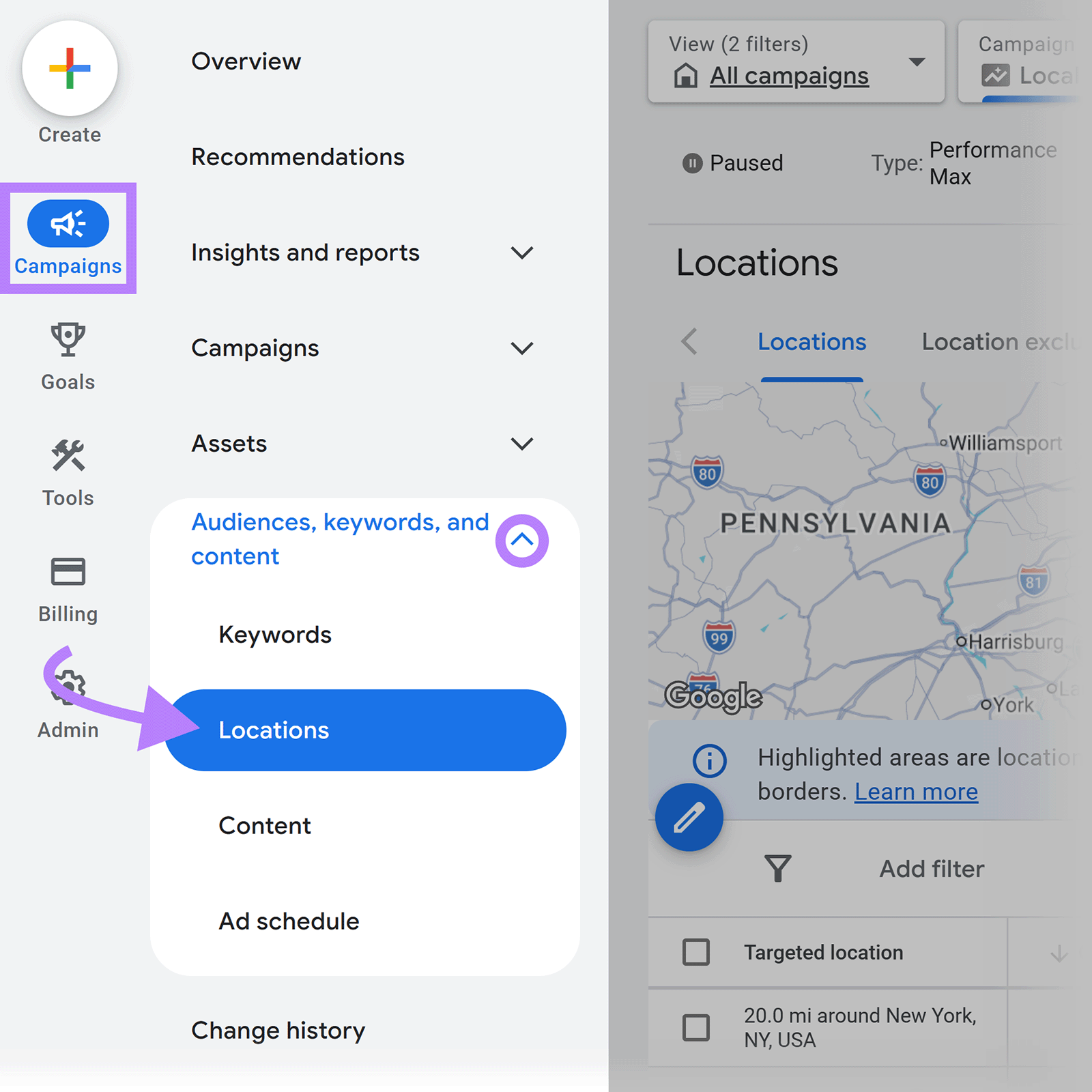 Google Ads campaign menu showing Locations settings under Audiences, keywords, and content for geographic targeting