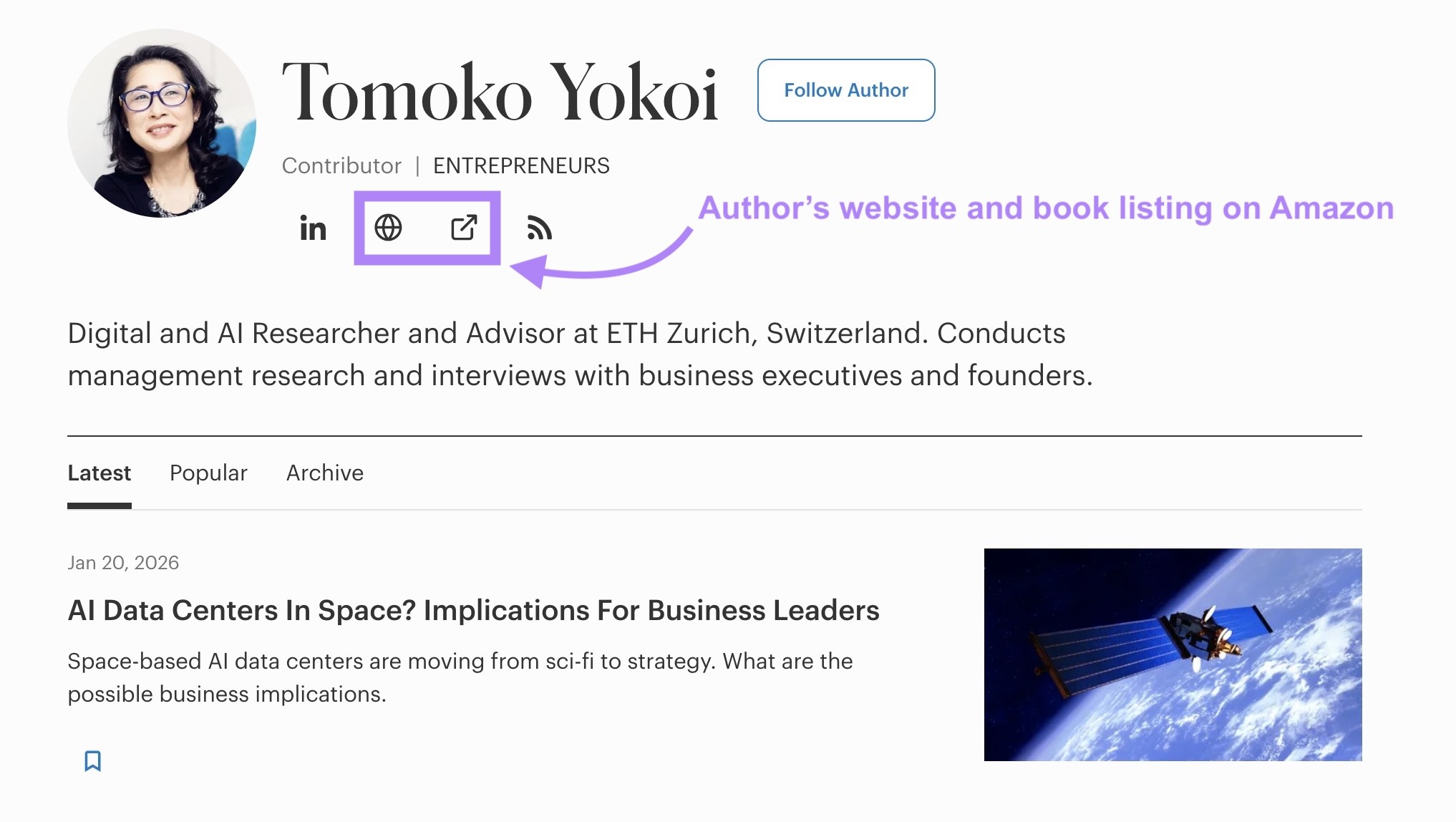 The author bio of Tomoko Yokoi on Forbes with links to her website as well as her book listing on Amazon.