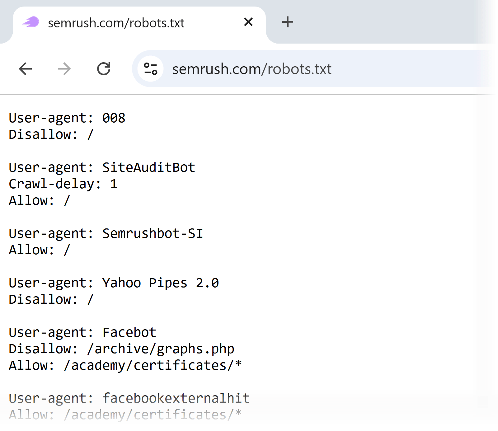 Semrush robots.txt file with user-agent crawl and disallow directives