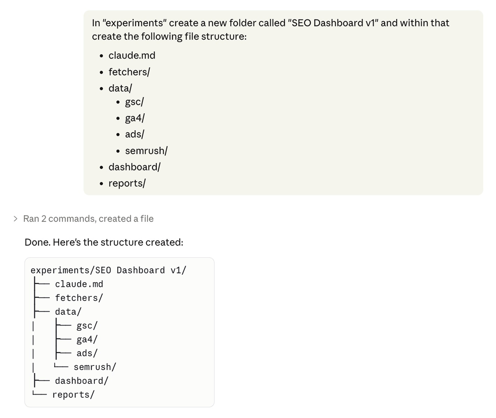 Claude Code creates SEO Dashboard project folder structure with data, fetchers, dashboard, and reports directories