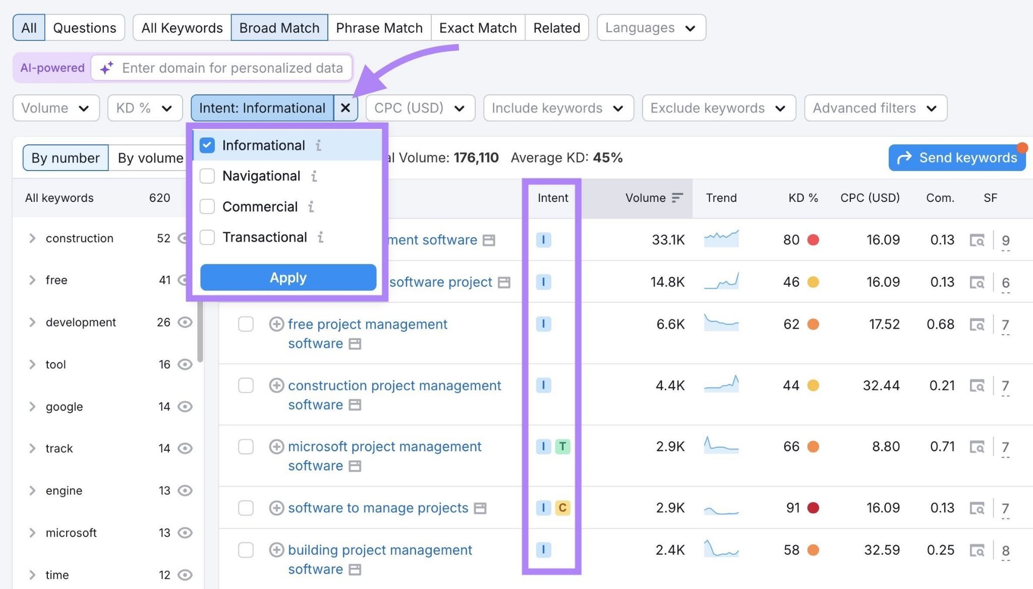 Applying the search intent filter on the Keyword Magic tool to only show informational keywords.
