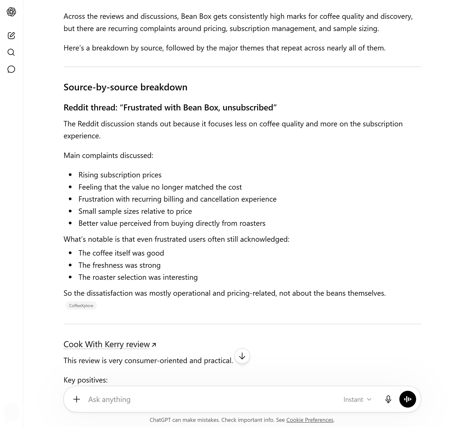 ChatGPT summary analyzing recurring Bean Box customer complaints and positive review themes