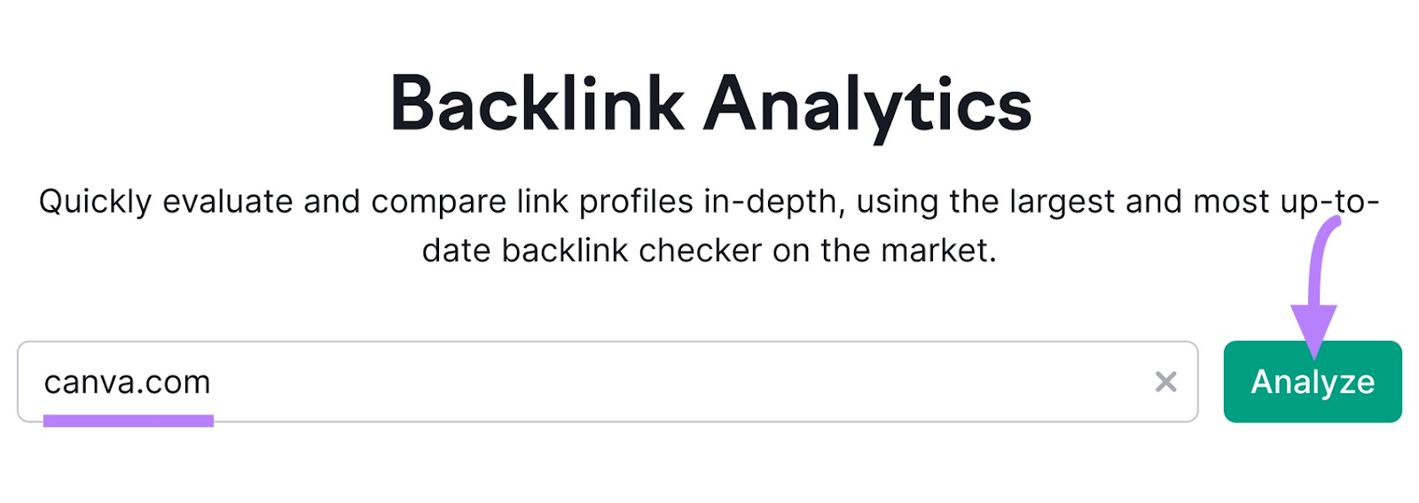 Backlinks tool start with a domain entered and "Analyze" clicked.