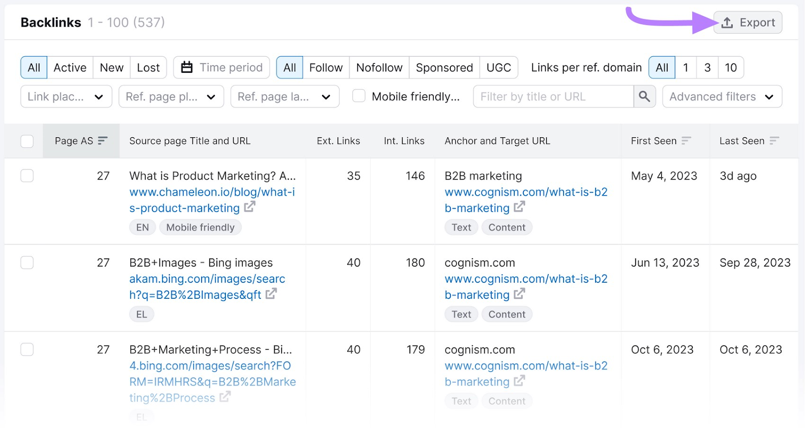 The "Export" button highlighted on the top-right corner of the Backlinks report.