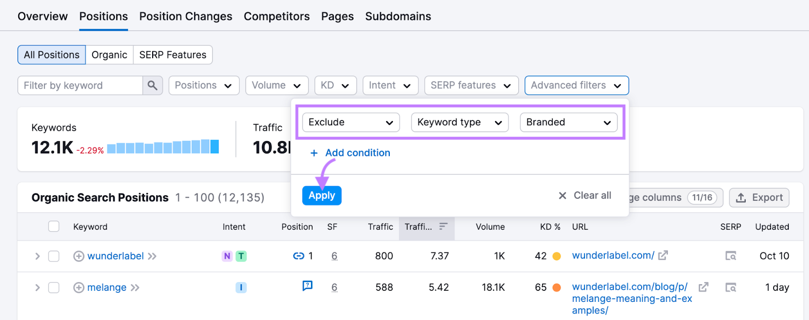 "Advanced filters" under "Positions" report in Organic Rankings tool