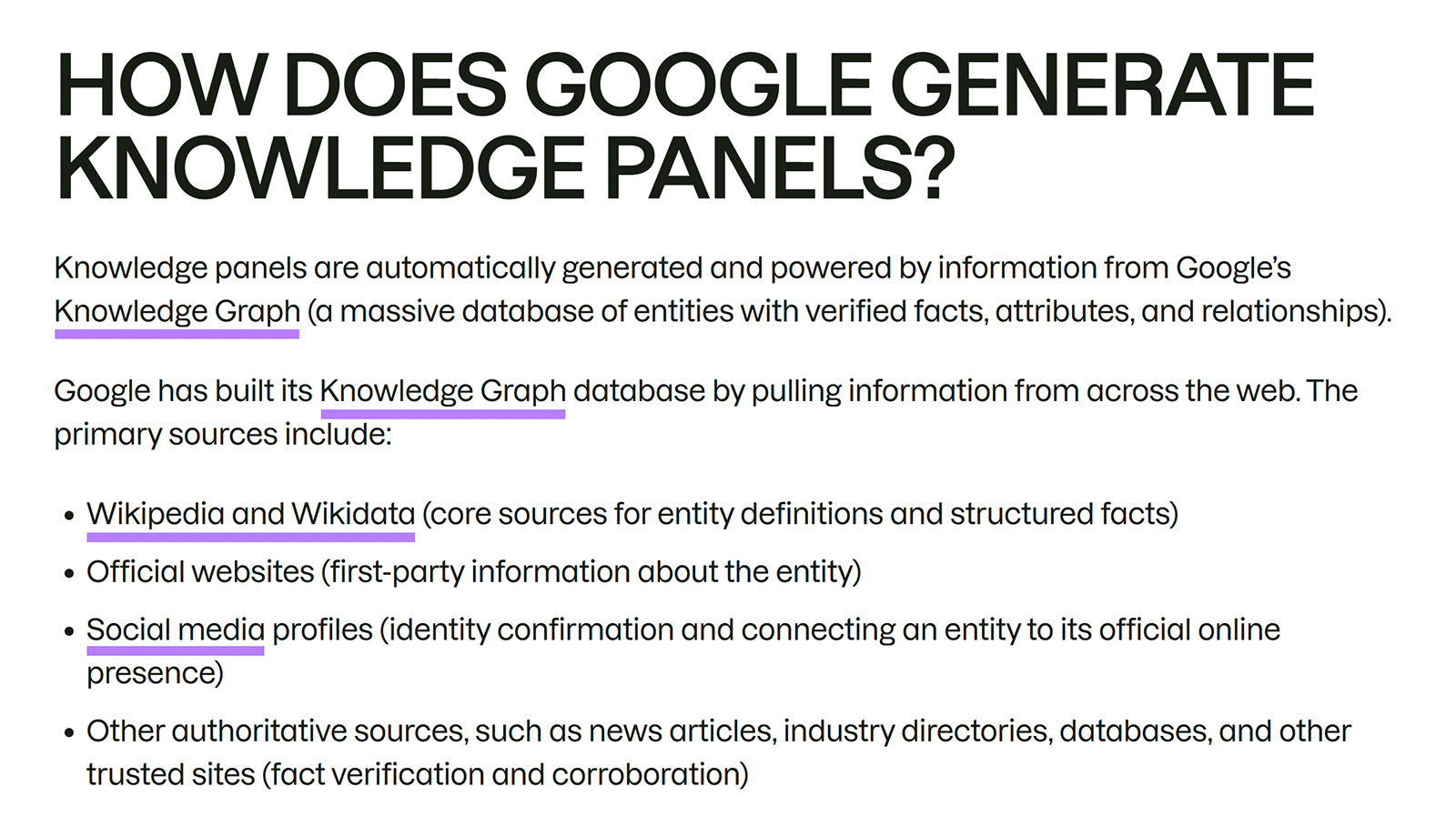 Semrush article section explaining how Google Knowledge Panels use Wikipedia, official sites, social profiles, and trusted sources