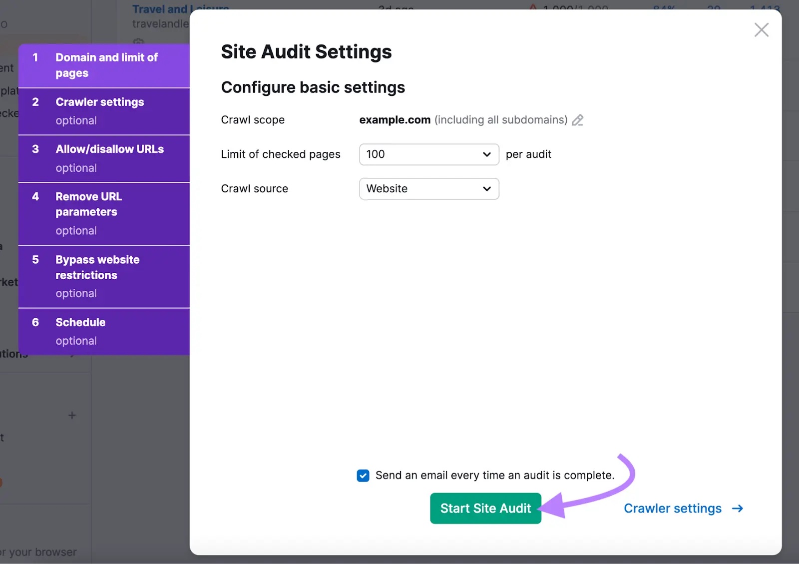 Site Audit settings with options to customize the crawl scope, source, and limit of checked pages.