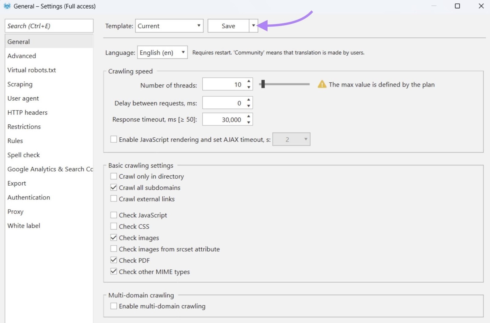 Saving settings as templates on Netpeak Spider.