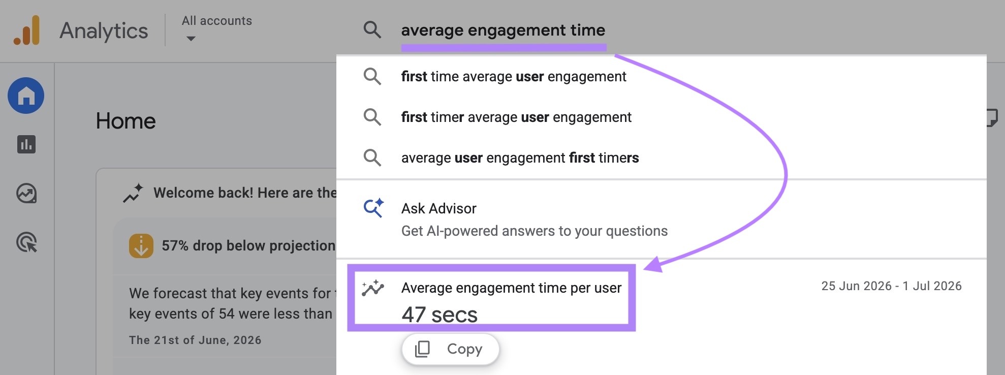 "average engagement time" entered in the GA4 search bar which surfaces the metric directly below.