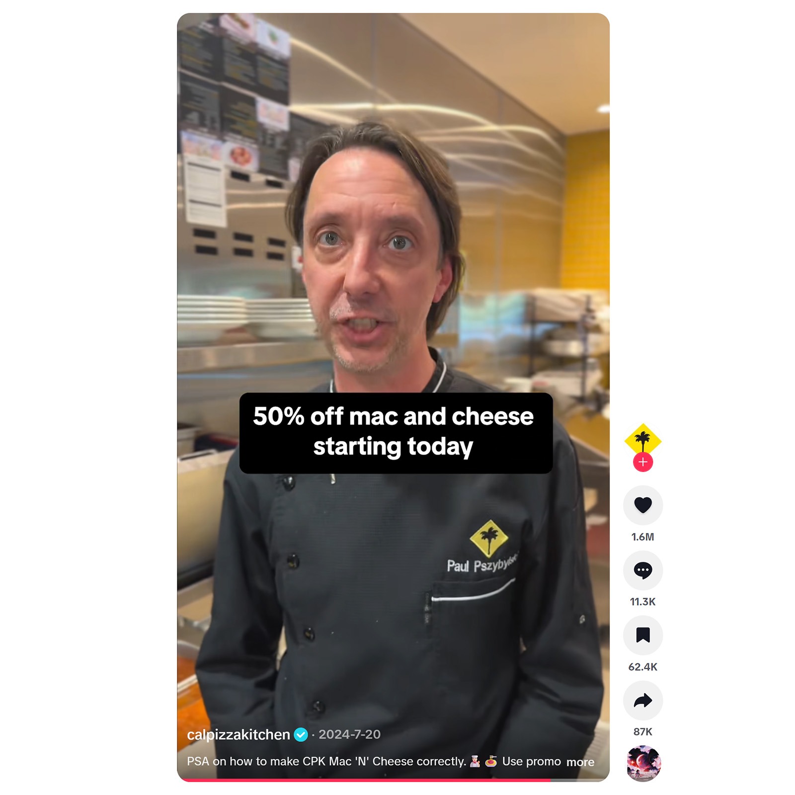 California Pizza Kitchen employee announcing a 50% mac and cheese promotion in a TikTok response