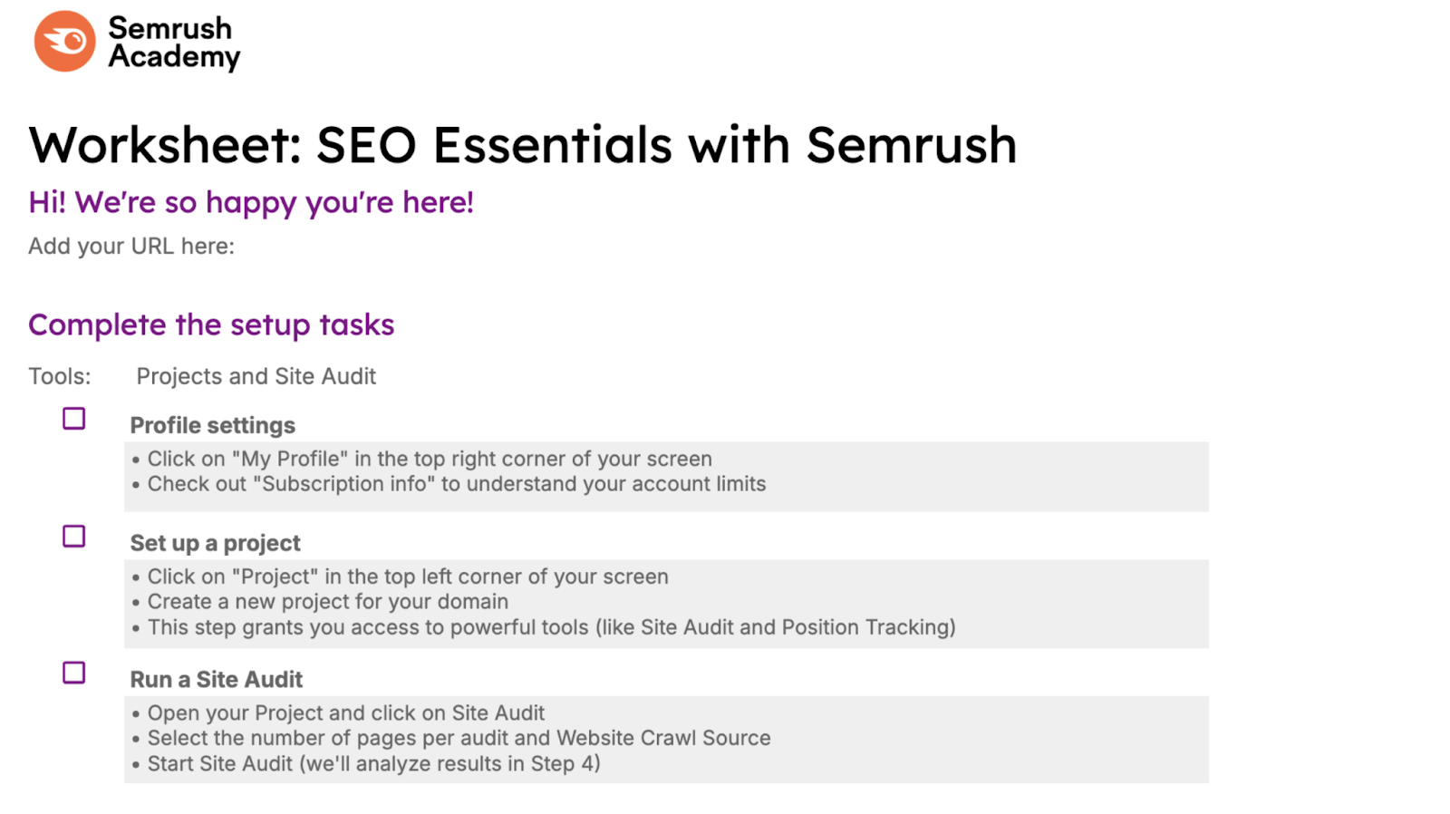 The SEO essentials worksheet is a checklist to pair with the certification.