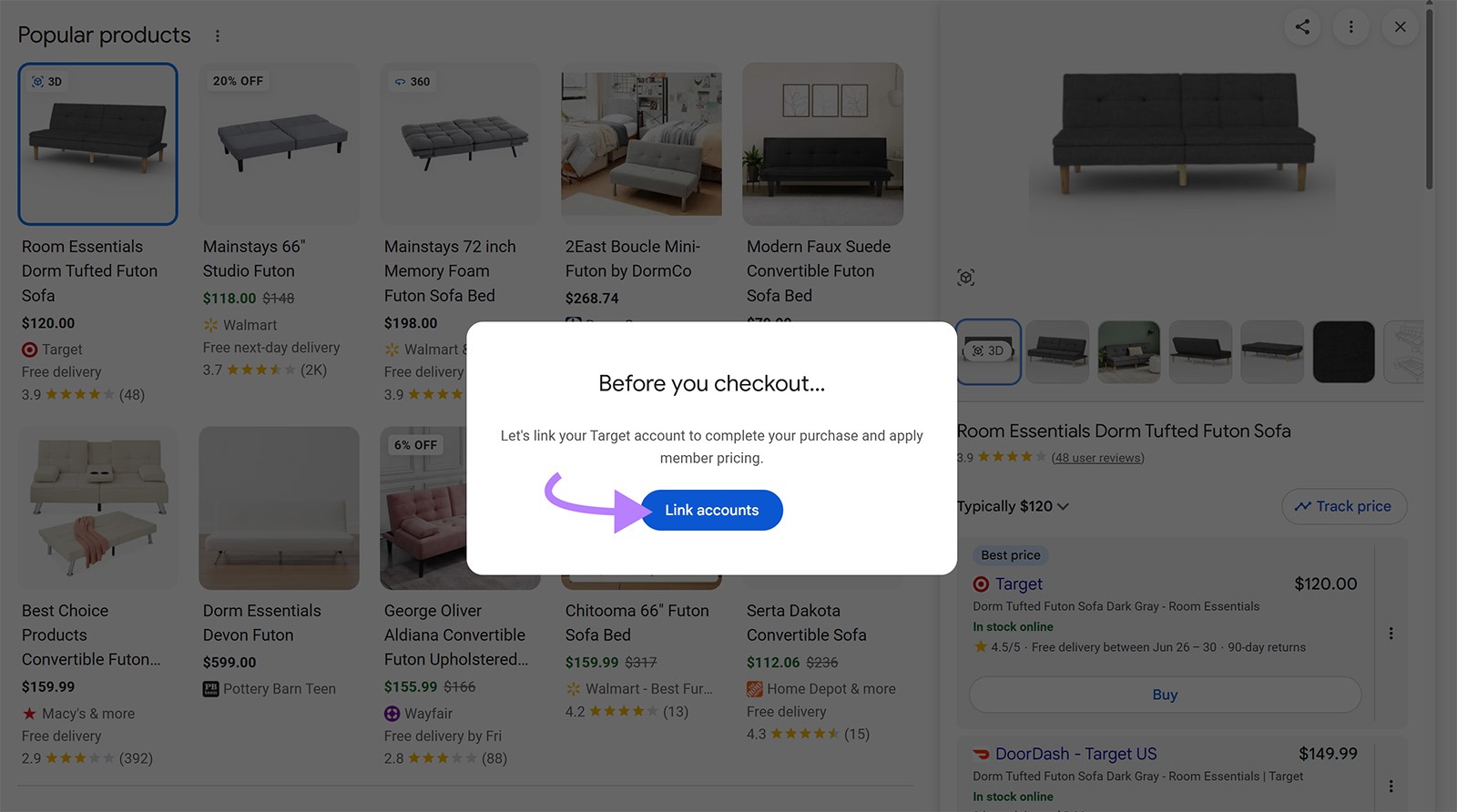 Google checkout pop-up asking users to link their Target account before buying