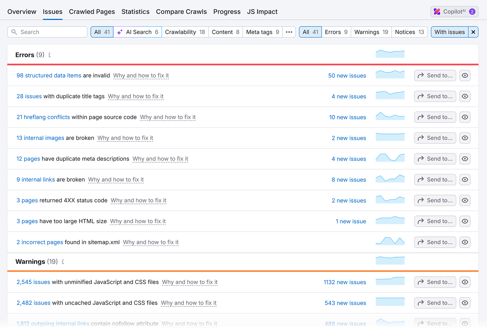 Issues report view with filters for AI Search, Crawlability, Content, and Meta tags.