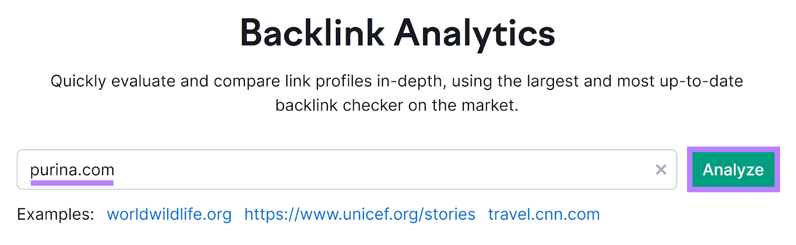 Semrush Backlinks tool start with domain entered and Analyze button highlighted