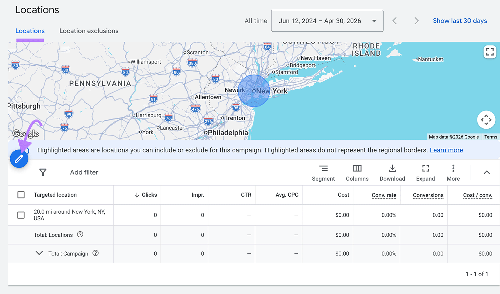 Google Ads Locations dashboard with targeted area map, New York radius targeting, and edit location button
