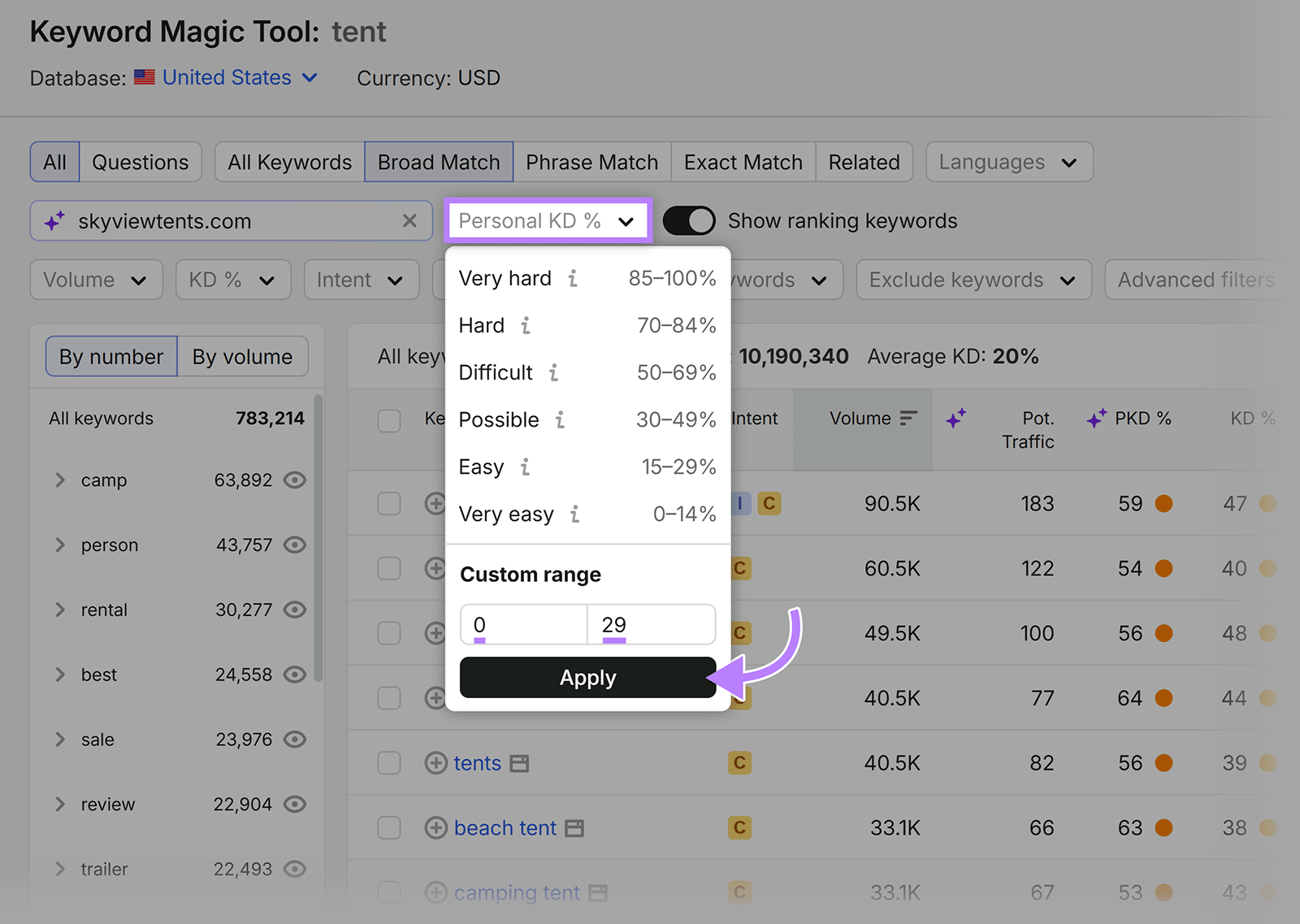 Keyword Magic Tool with Personal KD filter set to a custom range of 0 to 29
