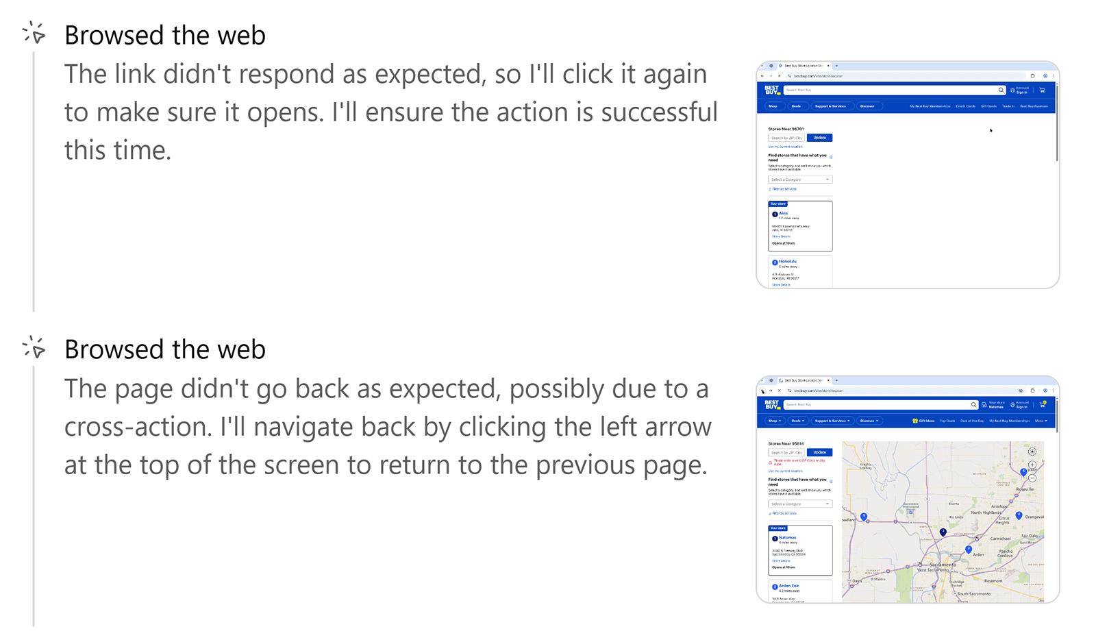 ChatGPT browsing messages showing navigation issues with Best Buy store locator pages
