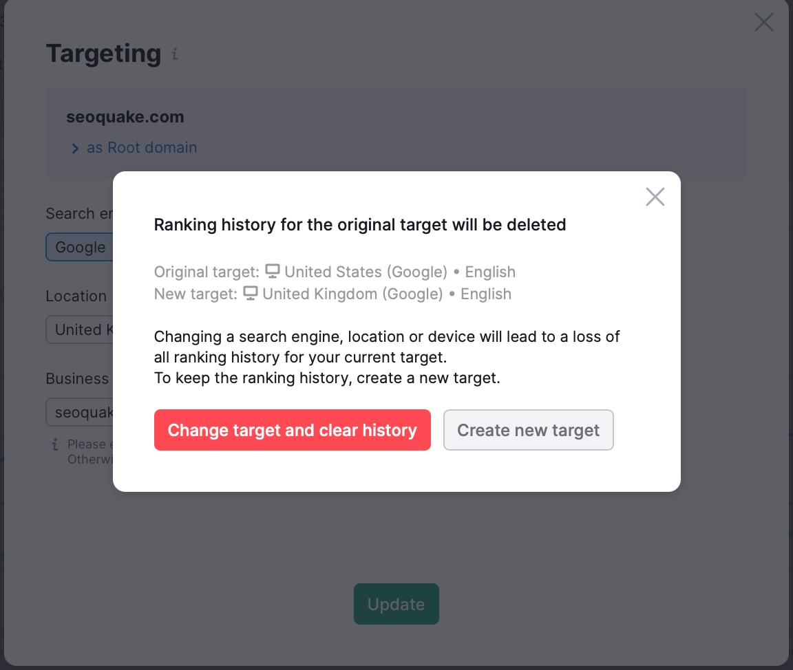 Example of a settings warning indicating that ranking history for the original target will be deleted.