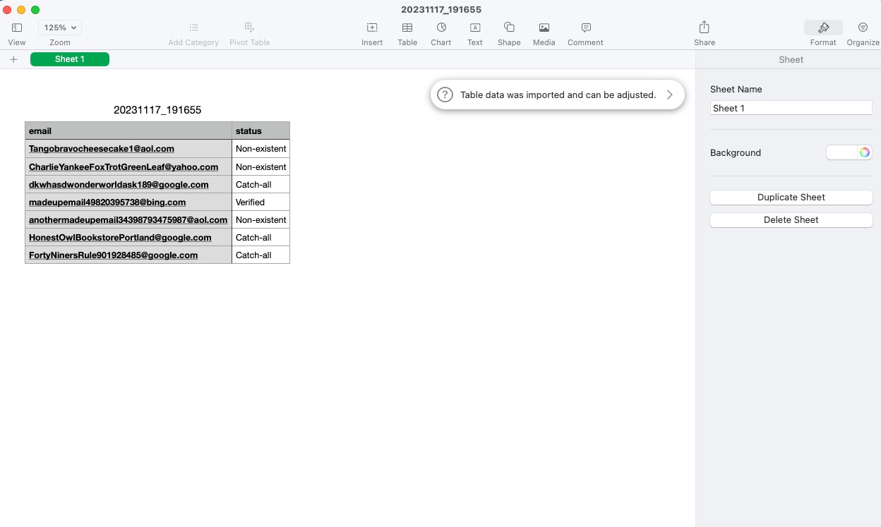 The example CSV file has a gray-and-white table full of email addresses. To the right, each email address’s status is shown.